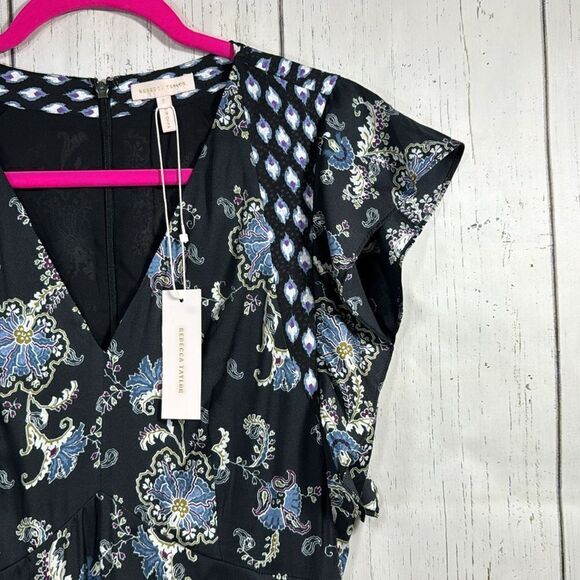 Rebecca Taylor Womens Floral Mixed Print Cap Sleeve Mini Dress Ruffle - Picture 4 of 16